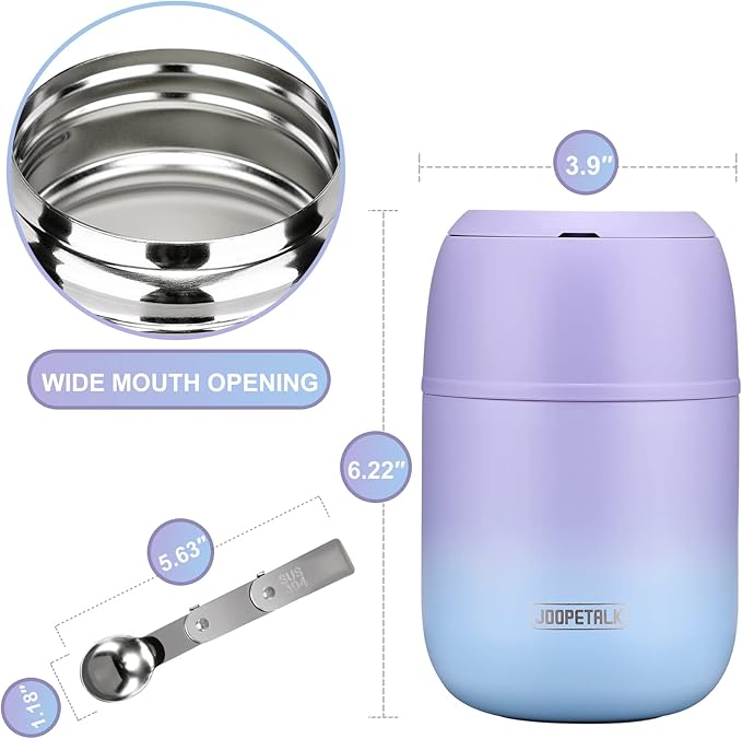 17 oz Insulated Lunch Containers Hot Food Jar, Wide Mouth Lunch Thermo for Hot Food Kids Adults, Vacuum Stainless Steel Thermo Lunch Box With Handle Folding Spoon for School, Office(Purple blue)