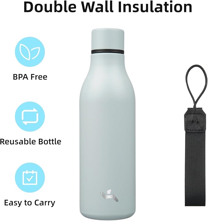 Insulated Water Bottle with Strap,18 oz Double Wall Stainless Steel Vacuum Bottles Metal Water Flask,Foggy Blue