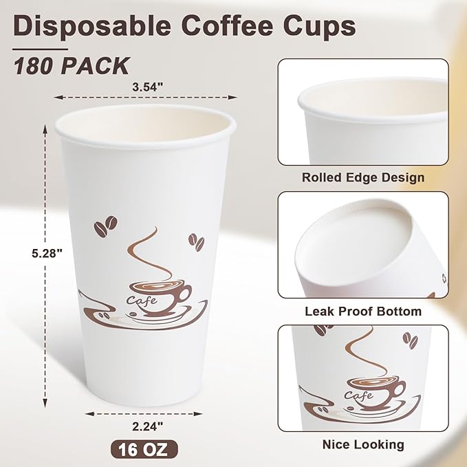 Lamosi 180 Pack 16 OZ Coffee Cups, Disposable Paper Cups for Hot/Cold Beverage, Disposable Cups 16 oz, Leak-Free Paper Coffee Cups for Cafe, Restaurant, Office and Home