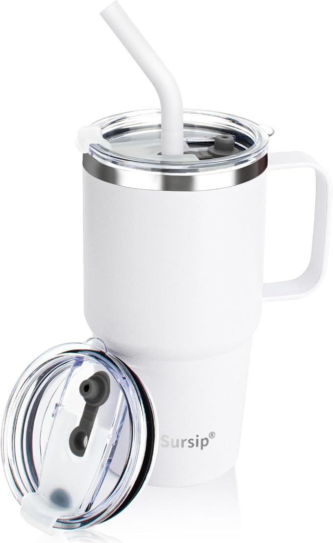 Sursip 24 oz Insulated Cup with Handle, Double Wall Vacuum Stainless Steel Tumbler with Straw and 2 Lids, For Cold/Hot Drinks, Coffee Travel Mug for Car/Home/Office/Party/Camping (White-1 Pack)