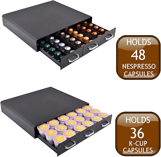 Coffee Pod Storage Drawer Coffee Capsule Organize Drawer Coffee Maker Holder Organizer,Compatible with 36 Capacity K-Cup or 48 Nespresso Capsule, Black