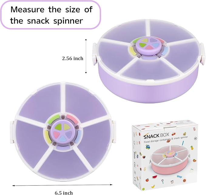 Kids Reusable Rotating Snack Container with 5 Separate Compartments, Color Matching Opening Lid, BPA/PVC-Free, Dishwasher Safe, Perfect for Travel, School Lunches & On-the-Go Snacking-Purple