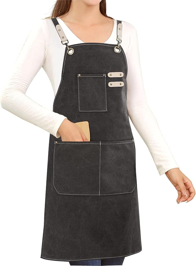 Cotton Canvas Cross Back Apron for Art Painting Garden Chef Bartender Work,Women Men 3 Pockets Waterproof Adjustable M-XXL