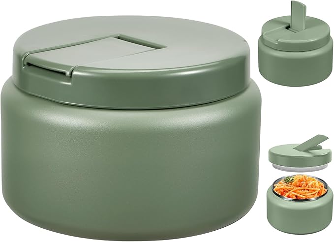 13.5oz Kids Thermos for Hot Food, Insulated Vacuum Food Jar with Buckle Lid, Stainless Steel Wide Mouth Leak Proof Insulated Lunch Container for School Picnic Travel, Green