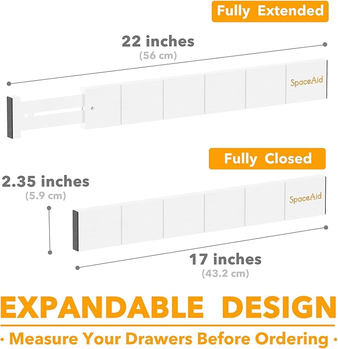SpaceAid Bamboo Drawer Dividers with Inserts and Labels, Kitchen Adjustable Drawer Organizers, Expandable Organization for Home, Office, Dressers, 7 Dividers with 15 Inserts (17"-22" White)