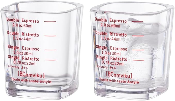 BCnmviku 2 PACK Red line Square Cup Espresso Shot Glasses Measuring Cup Liquid Heavy Glass for Baristas 2oz for Single Shot of Ristrettos