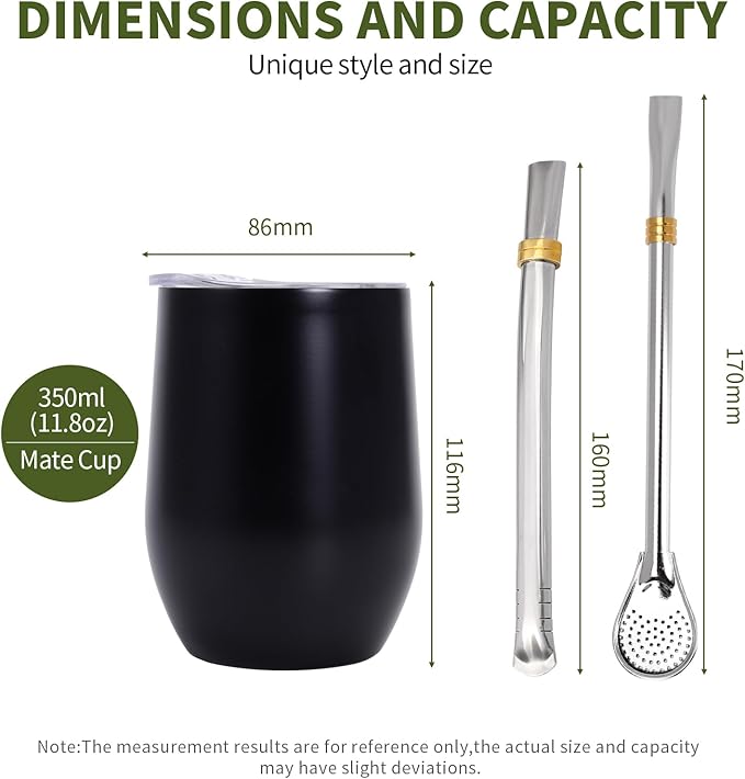 Yerba Mate Cup with Lid, 2 Bombillas, Cleaning Brush, 11.8oz Stainless Steel Double-Wall Insulated Gourd (Black)