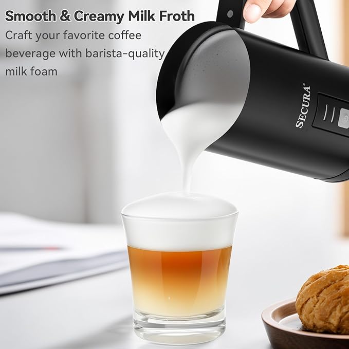 Secura 𝗠𝗶𝗹𝗸 𝗙𝗿𝗼𝘁𝗵𝗲𝗿, Electric Milk Steamer Stainless Steel, 8.4oz/250ml Automatic Hot and Cold Foam Maker and Milk Warmer for Latte, Macchiato (Black)