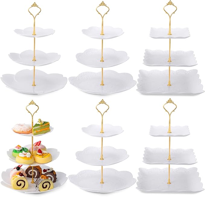 Sawysine 6 Pack 3 Tiers Dessert Stand Plastic Cupcake Stand Serving Trays Cupcake Display Stand Cookie Tray for Party and Platter for Home(Gold)
