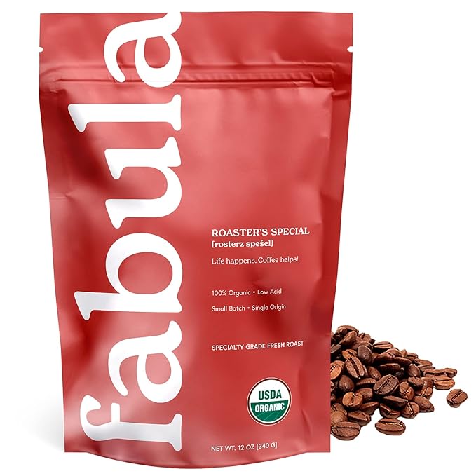 Fabula Coffee Half-Caff Medium Roast Whole Beans - Organic - Low Acid - Single Origin - Non-GMO - Mold Free - 12 Ounces