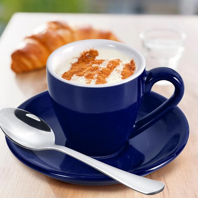 homEdge Porcelain Espresso Shot Cup Set with Saucers and Stainless Steel Spoons - 80 ml / 2.67 oz, Set of 4, Navy