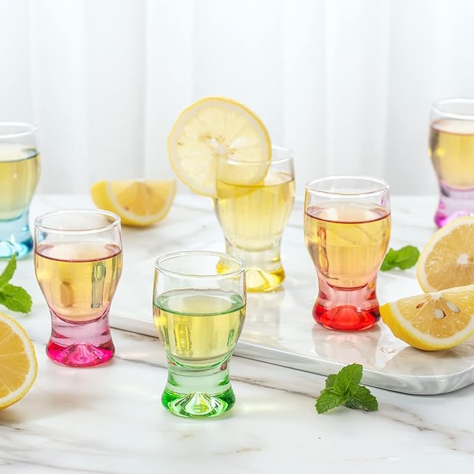 M&N HOME Set of 6, Heavy Base Glassware Drinking Whiskey Glass Cups for Vodka, Brandy, Bourbon & Liquor Beverage Dining Décor Gifts, 1.7 oz, Multicolored