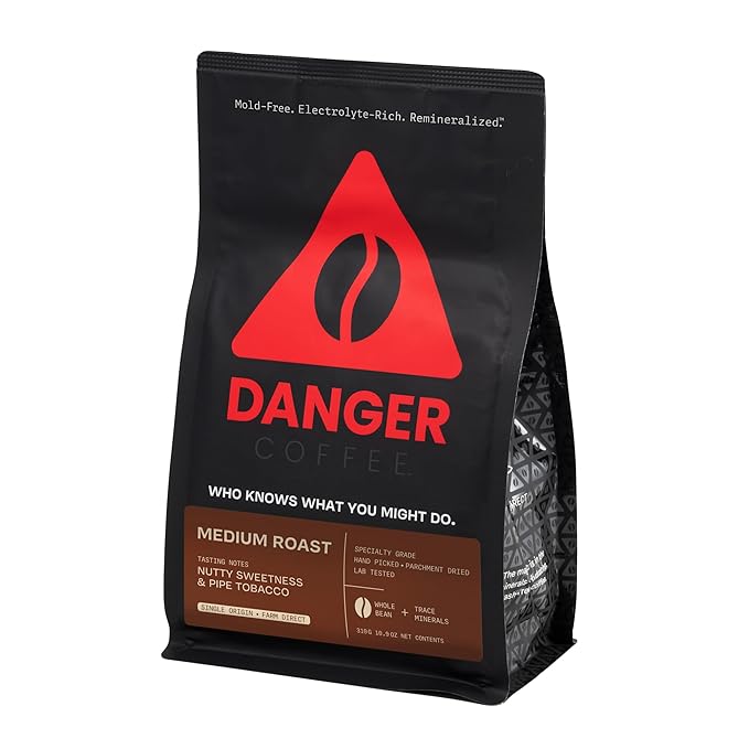 Danger Coffee by Dave Asprey, Remineralized, Mold Free & Lab Tested Whole Bean Coffee, Medium Roast, 10.9 Ounce