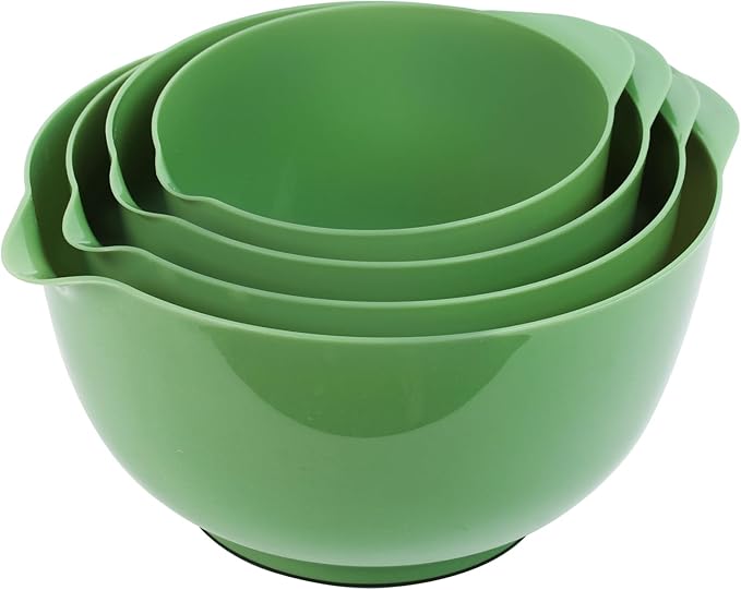 BoxedHome 4 Quart Large Plastic Mixing Bowls, Microwave Safe Mixing Bowl Set with Pour Spout, Nesting Bowls for Space Saving Storage(Grass Green)