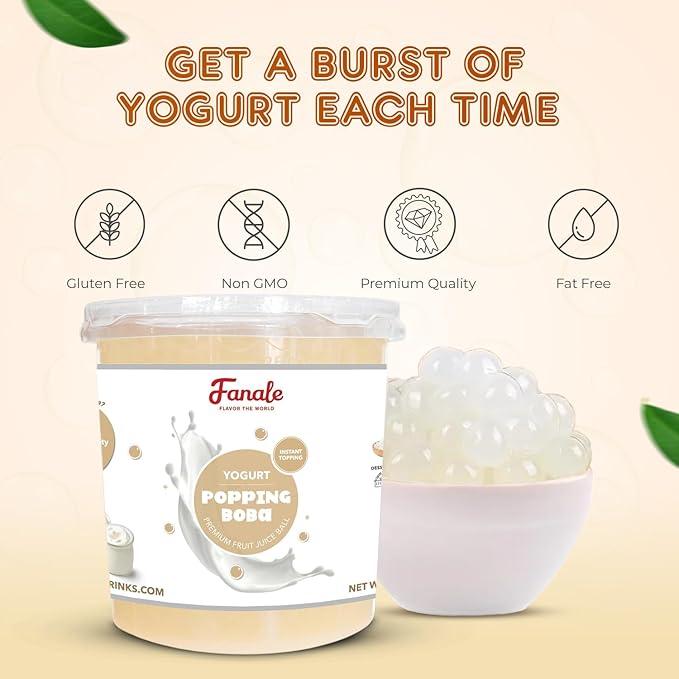 Fanale Yogurt Popping Boba Pearls, Vegan, Non GMO, Gluten Free, Fat Free, Perfect for Bubble Tea, Smoothies, Ice Cream, Desserts, and Beverages.