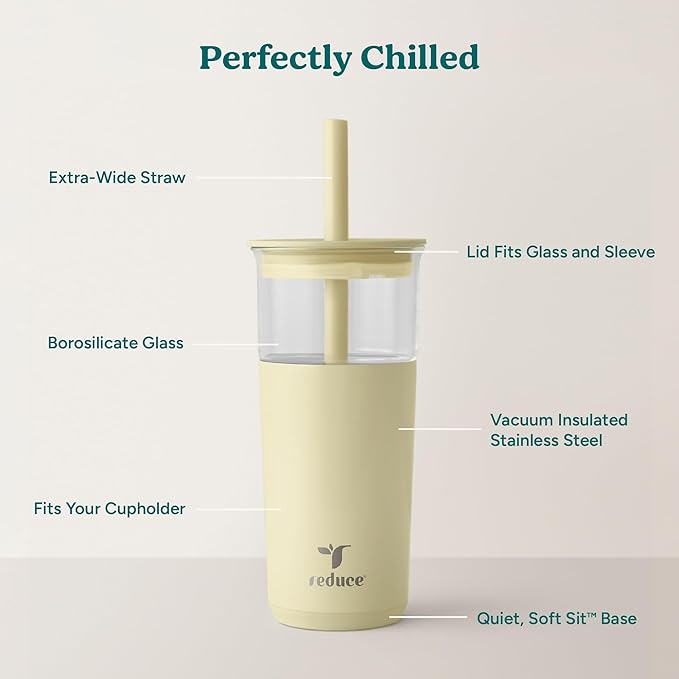 REDUCE Aspen 20 oz Vacuum Insulated Glass Tumbler with Lid & Extra Wide Straw - Keeps Drinks Cold for 12 Hrs - Ideal for Iced Coffee, Smoothies & Boba - Dishwasher Safe, Soft Base - French Vanilla