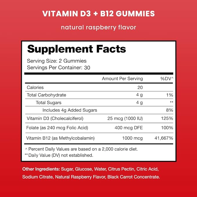 NutraChamps Vitamin D3 & B12, Methyl B12 Gummies for Adults & Kids, Enhanced with Vitamin D 3 & B9 Vitamin Folate, Natural Energy, Mood, Metabolism & Focus, Raspberry, 60 Gummies