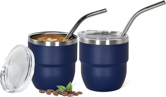 4oz Stackable Cup, Vacuum Insulated Espresso Cup Set of 2, Espresso Shot Glass for Coffee, Double Wall Stainless Steel Mini Tumbler Shot Glasses with Straw and Lid (A-navy2P, 4oz)