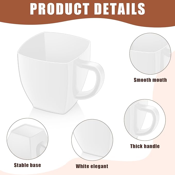 Amyhill 50 Pcs Disposable Tea Cups Mini Plastic Tea Cup Bulk with Handle Hard Plastic Coffee Mug Disposable Square Espresso Mug for Party Catering (White)