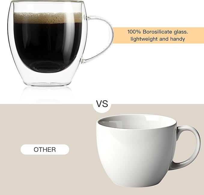 Aurzen 2 Pack Double Walled Glass Coffee Mugs with Handles 8.5oz, Large Insulated Layer Coffee Cups, Clear Borosilicate Mugs, Perfect for Cappuccino, Tea, Microwave Safe (8.5oz-2Pack)