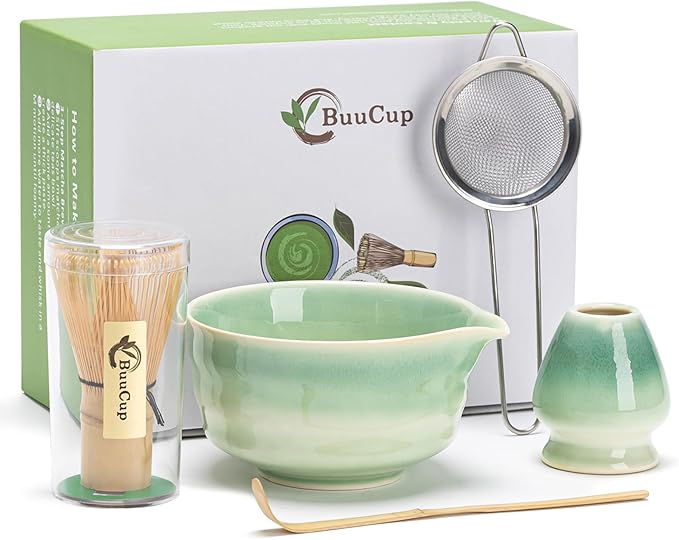 Japanese Matcha Set, Matcha Bowl with Spout, Matcha Whisk and Holder, Bamboo Matcha Scoop and Stainless Steel Sifter - 5 Pcs Gradient Green Matcha Kit for Matcha Lover