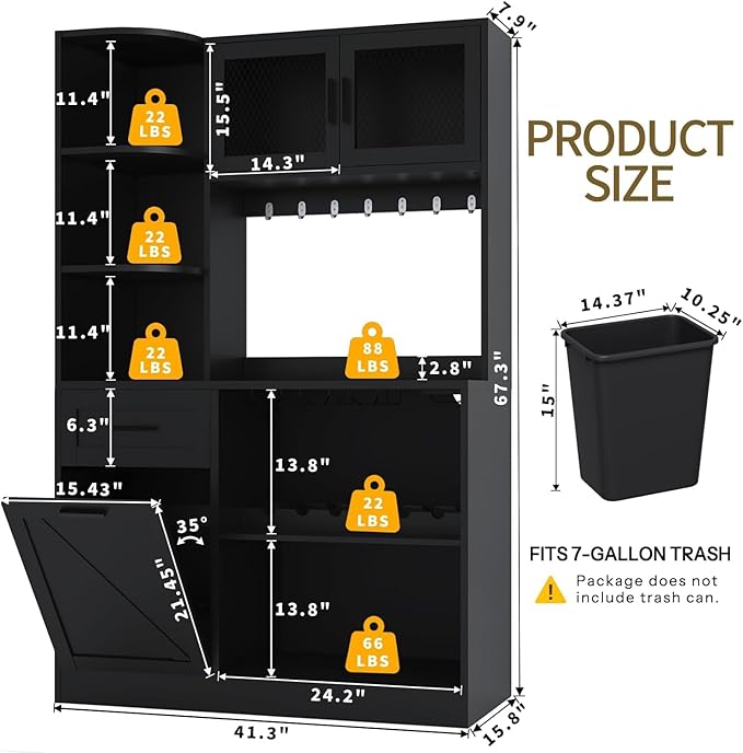 67.3" Tall Modern Black Kitchen Pantry Storage Cabinet with Drawer and Shelves, Tilt Out Trash Can, Coffee Bar Wine Cabinet with LED Lights and Power Outlet, Wine Glass Rack, 2 Mesh Doors