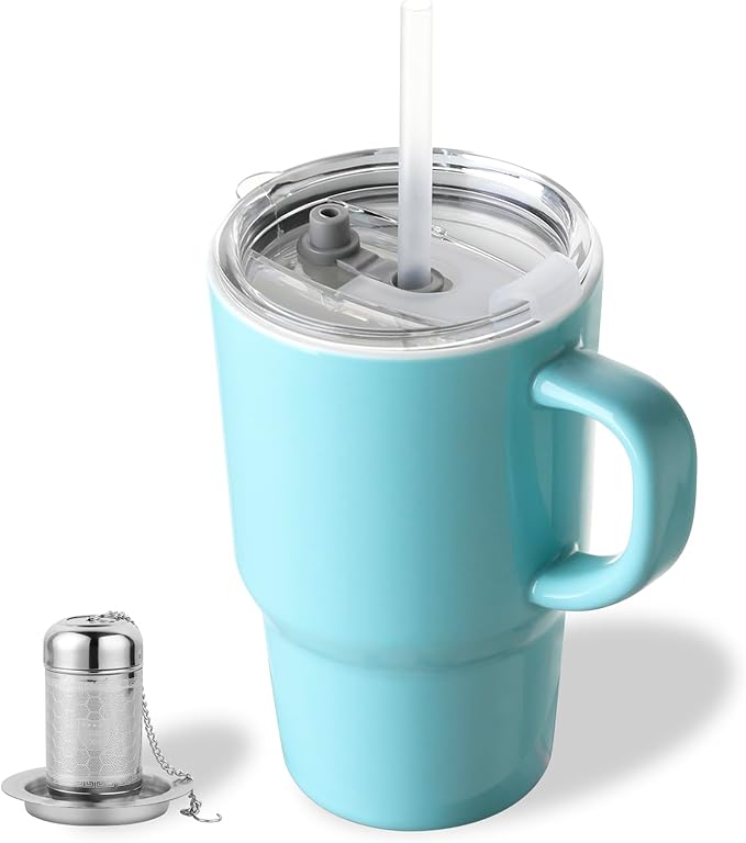 Sweejar Ceramic Travel Mug with Lid, 16 oz Portable Coffee Mug, Dishwasher Safe Tea Cup with Infuser, Reusable Teacup for Car Cup Holder, Tea Lovers(Turquoise)