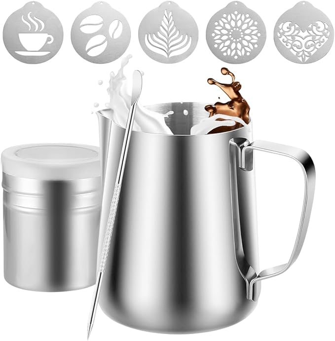 4Pieces Stainless Steel Milk Frothing Pitcher Set, Latte Art Barista Steaming Pitchers Set -Include Milk Frother Cup, Latte Art Pen, Powder Shaker, 5pcs Coffee Decorating Stencils (350ml/11oz)