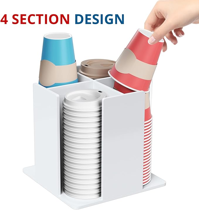Cup and Lid Holder, 4 Compartment, Square | Rotating Coffee Cup Dispenser Lid Carousel for Restaurant, Buffet, Coffee Station, Bar, Countertop, White Acrylic