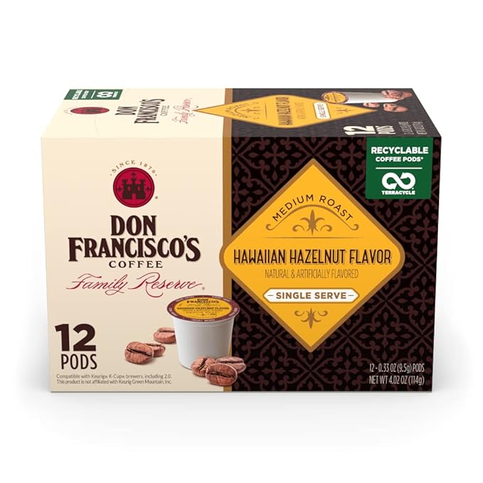 Don Francisco's Hawaiian Hazelnut Flavored Coffee - 12 K-Cup Compatible Single-Serve Pods - 100% Arabica with Coconut Hint - Recyclable through TerraCycle - Compatible with Keurig Brewers
