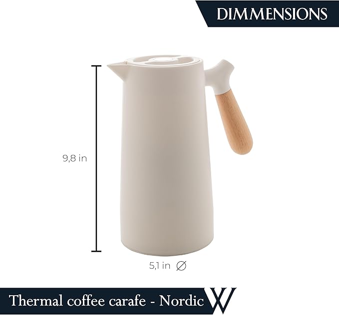 WOLFF - White Thermal Coffee Carafe – 34oz / 1L Insulated Carafe - Food-Safe Plastic Exterior and Glass Liner, Wood-Style Handle – Keeps Drinks Hot or Cold, Leakproof Coffee and Tea Dispenser