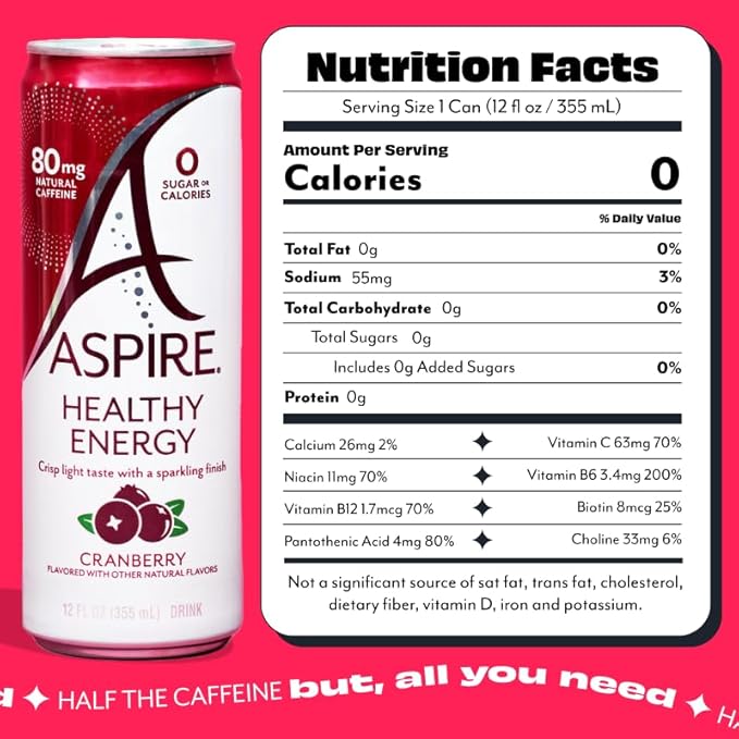 ASPIRE® Cranberry, Healthy Energy Drink 80mg Natural Caffeine, Zero Sugar No Carbs Keto Friendly, 12 Pack Green Tea Sugar Free Drink Low Caffeine Zero Calorie