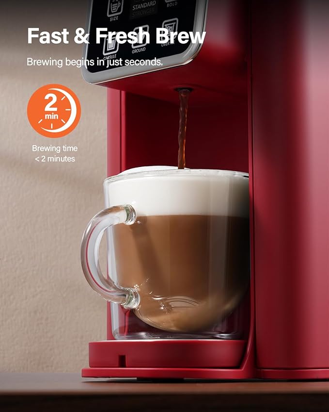 SHARDOR Single Serve Coffee Maker, Hot and Iced Coffee Machine for K Cup Pods & Ground Coffee, 6 to 14 oz Brew Sizes, with 50 oz Removable Water Tank, Bold Brew Setting, Stainless Steel, Red