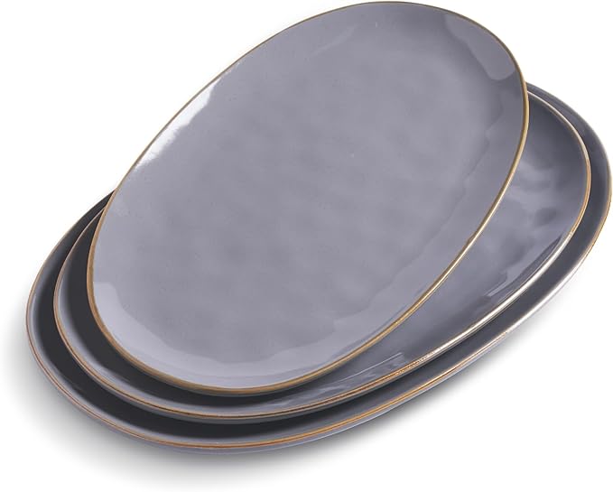 famiware Serving Platter, Oval 15.59/14.3/12.9 inch Serving Dishes for Entertaining, Serving Bowls, Microwave Safe, Fine Stonware Serving Trays for Party, Turkey, Cheese, Ocean Series, Dark Grey