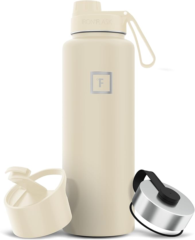IRON °FLASK Camping & Hiking Hydration Flask with 3 Lids - Stainless Steel, Double Walled & Vacuum Insulated Water Bottle - Leak Proof & BPA Free (Cashmere Cream, Spout - 40 oz)