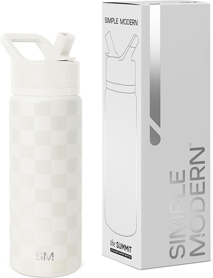 Simple Modern Kids Water Bottle with Straw Lid | Vacuum Insulated Stainless Steel Metal | Reusable Leak Proof BPA-Free Thermos for School | Summit Collection | 18oz, Cream Checkmate