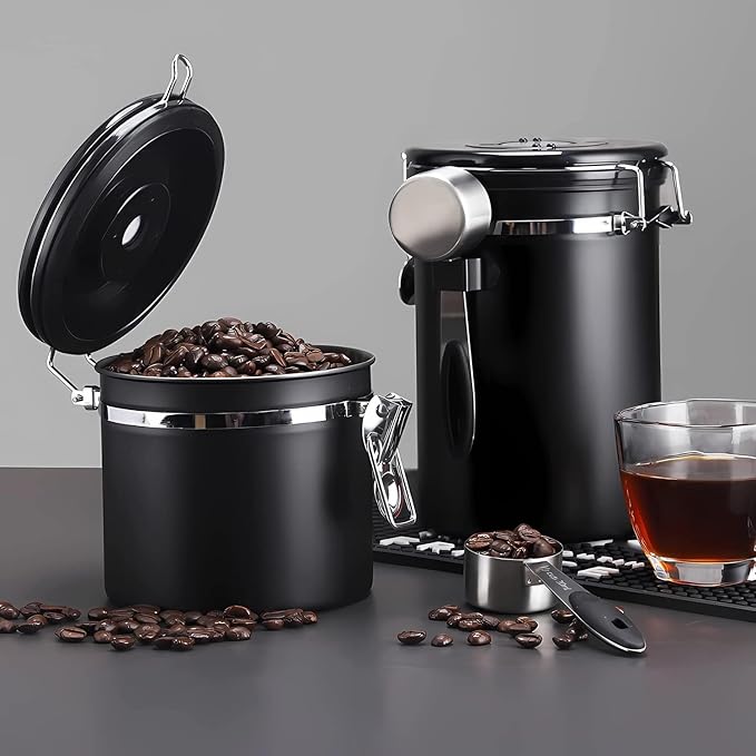 ShanSon Coffee Canister Airtight Coffee Container Stainless Steel Coffee Bean Storage Container with Scoop Coffee Canister for Beans Grounds Sugar Flour Tea Cereal,22OZ, Black