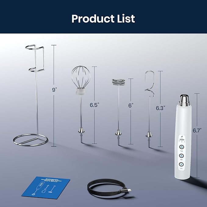 Milk Frother with Stand Rechargeable-Handheld Coffee Frother with 3 Stainless Whisks 3 Speed Adjustable, Electric Whisk Drink Mixer, Foam Maker Blender for Matcha Latte Cappuccino Chocolate