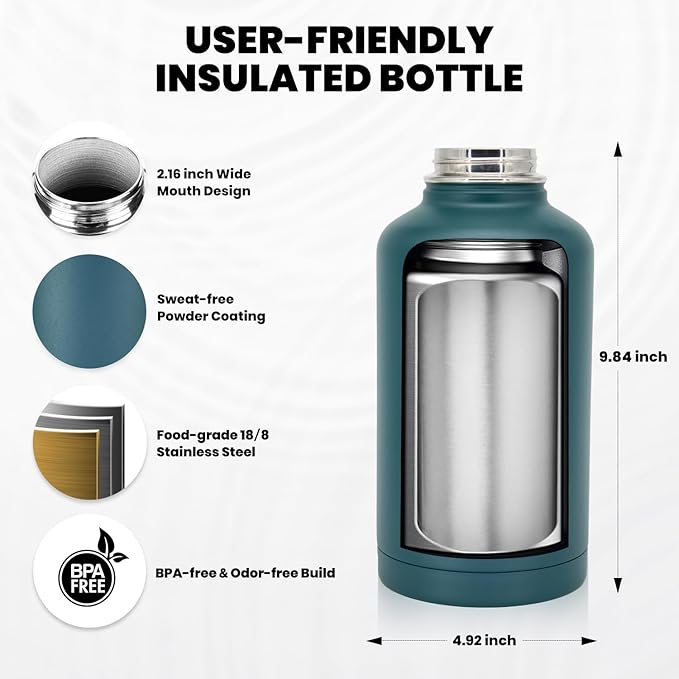 Insulated Water Bottle 64 oz, Triple Wall Vacuum Stainless Steel (Cold for 48 Hrs), Leak Proof & Non-BPA, Half Gallon Water Flask Jug with Paracord Handle & Straw Spout Lids, Dark Green