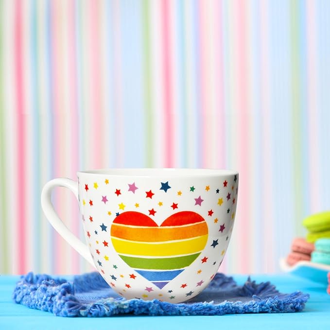 Rainbow Heart Coffee Mug, Premium 20 oz Bone China Hug Mug, Inspiring Gift of Hope and Positivity, Perfect for Birthdays, Holidays, and Christmas, Designed in England by Harvest Green Studio