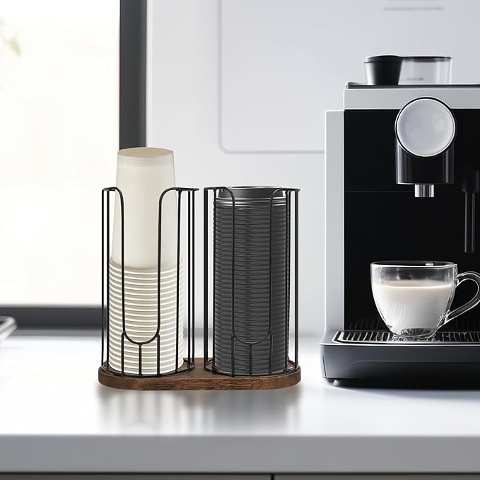 2-Compartment 18oz Coffee Cup Dispenser Rack with Wood Base, Disposable Cup, and Lid Organizer for Countertop - Perfect for Paper Cups, and Lid Organizer