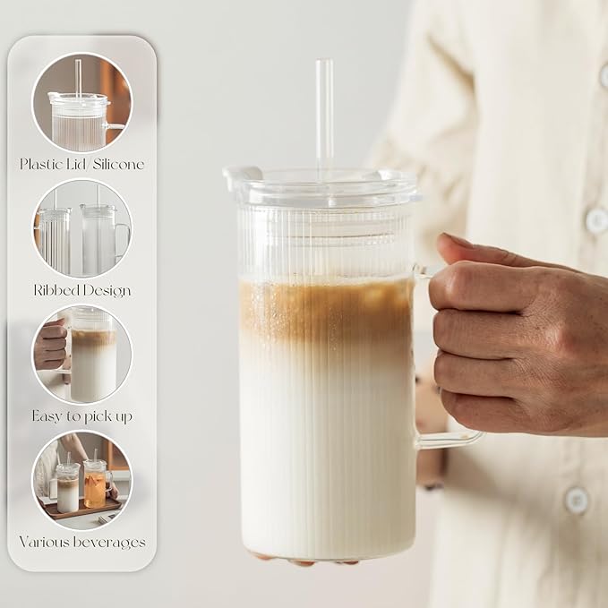 KEMORELA 2PCS Glass Tumbler with Lid and Straw - 24oz Ribbed Drinking Cups with Straw & Lid, Iced Coffee Cups - Reusable Glass Tumblers for Tea, Juice, Bubble Tea