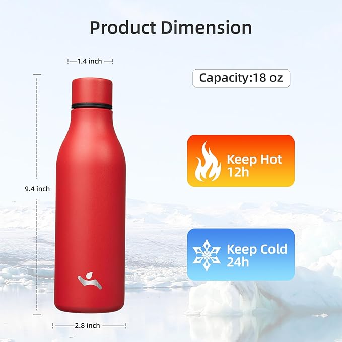 Insulated Water Bottle with Strap,18 oz Double Wall Stainless Steel Vacuum Bottles Metal Water Flask,Red