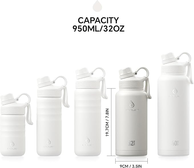 IDEUS Insulated Stainless Steel Water Bottle with 2 Leak-Proof Lids, Thermal Water Flask for Hiking Biking, 32oz, White