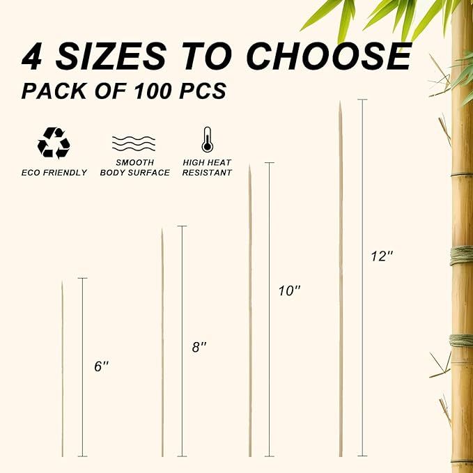 6 inch Natural Bamboo Skewers for Barbecue Party，Fruit，Kabob，Appetiser，Hamburger，Cocktail，Craft，Bouquet，Chocolate Fountain，Corn Dog, diameter=4mm. More Size Choices 6"/8"/10"/12"(100 PCS)