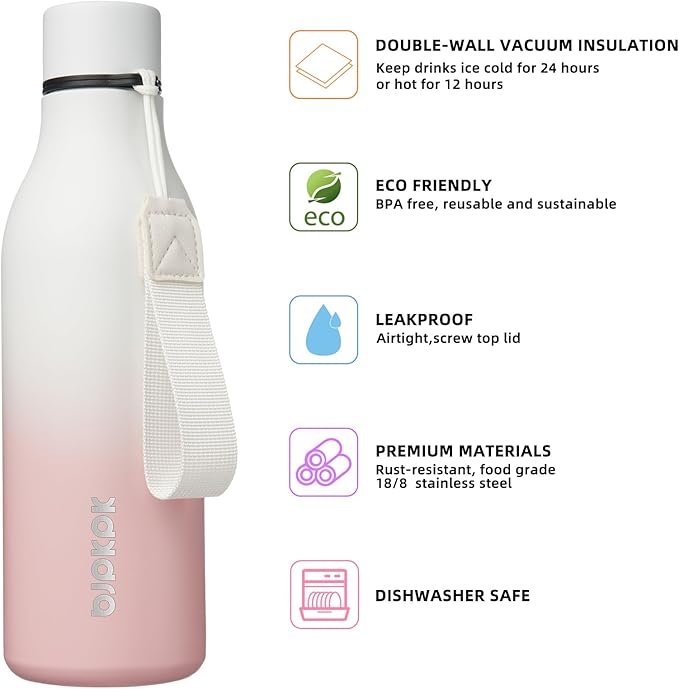BJPKPK Insulated Water Bottles, 18 oz Stainless Steel Metal Water Bottle with Strap, BPA Free Leak Proof Thermos, Mugs, Flasks, Reusable Water Bottle for Sports & Travel, Graceful Pink
