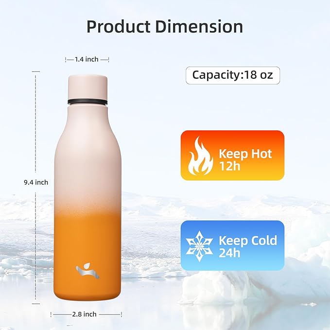Insulated Water Bottle with Strap,18 oz Double Wall Stainless Steel Vacuum Bottles Metal Water Flask,Coral