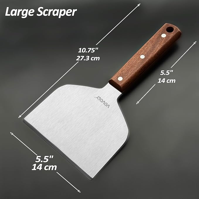 Vovoly Extra Wide Griddle Scraper, 5.5''x5.5'' Smashed Burger Scraper Grill Scraper Spatula Burger Turner - Full Tang Wooden Handle Professional Grade Grill Accessories, Knife Grade Stainless Steel