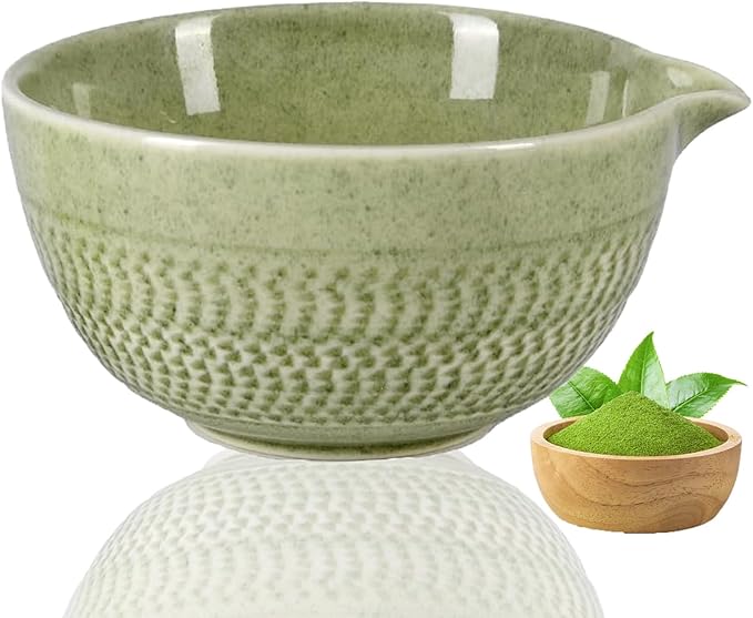 Ceramic Japanese Style Matcha Bowl Whisk Holder Temperature Resistant Braid Textured Matcha Tea Bowl Set With Spout for Trip (Green)