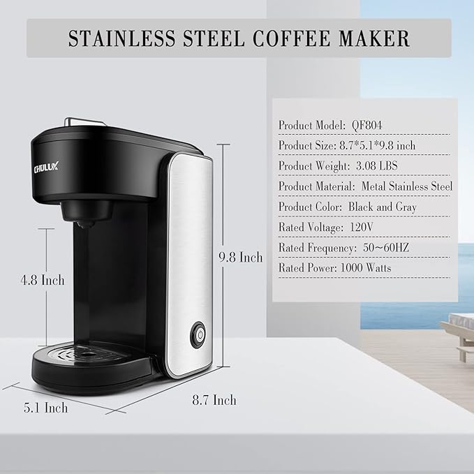 CHULUX Single Serve Coffee Maker, 1000 Watts Single Cup Stainless Steel Coffee Machine for Capsule and Ground Coffee with Graduated Water Tank, One Button Operation